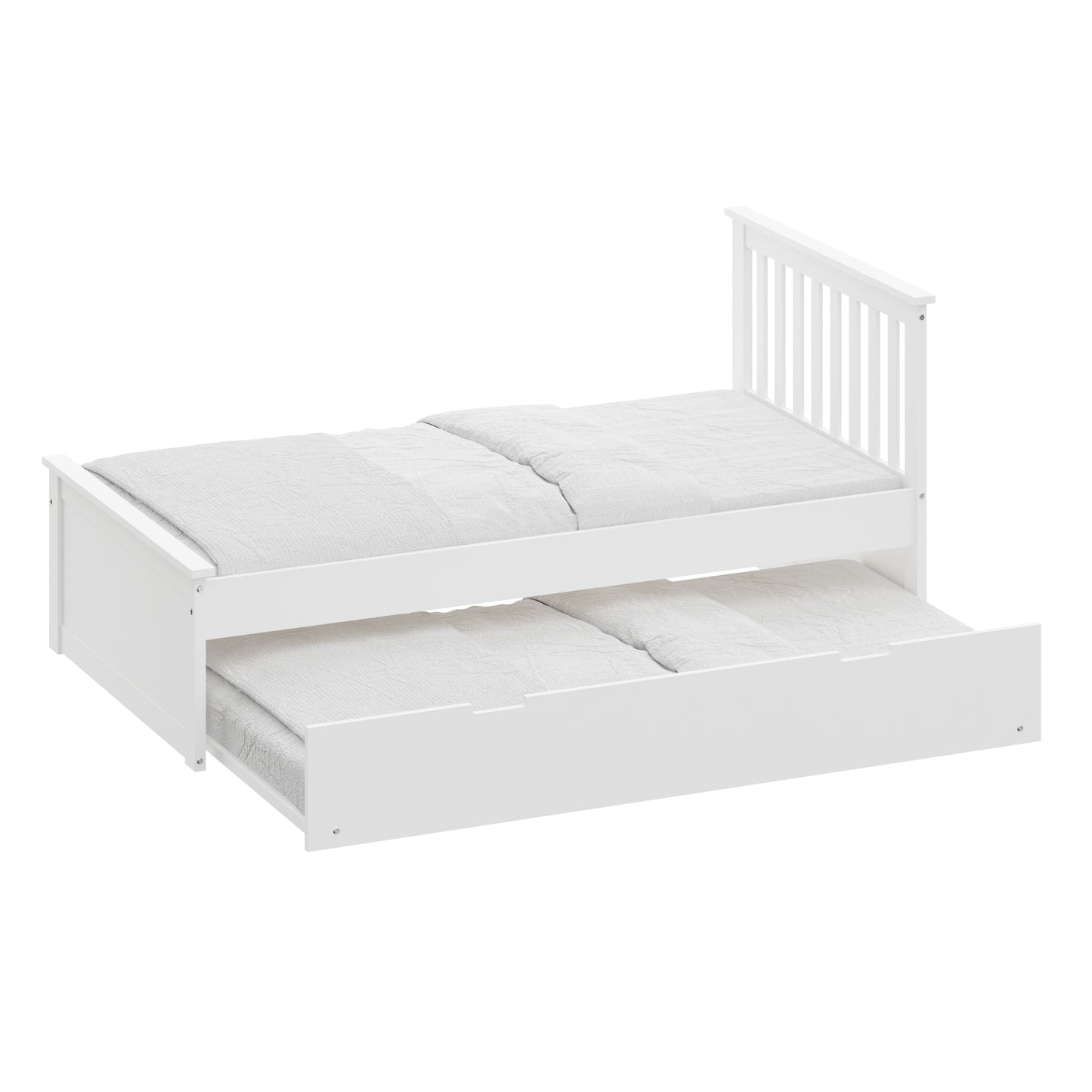 White Twin Trundle Bed, Heavy Duty Malibu Solid Wood Bed Frame with Twin Size Pull Out Toddler Trundle Bed for Kids