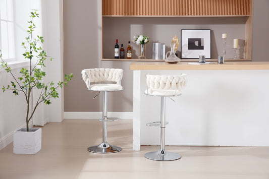 Set of 2  Bar Stools,with Chrome Footrest and Base Swivel Height Adjustable Mechanical Lifting Velvet + Bar Stool-BEIGE