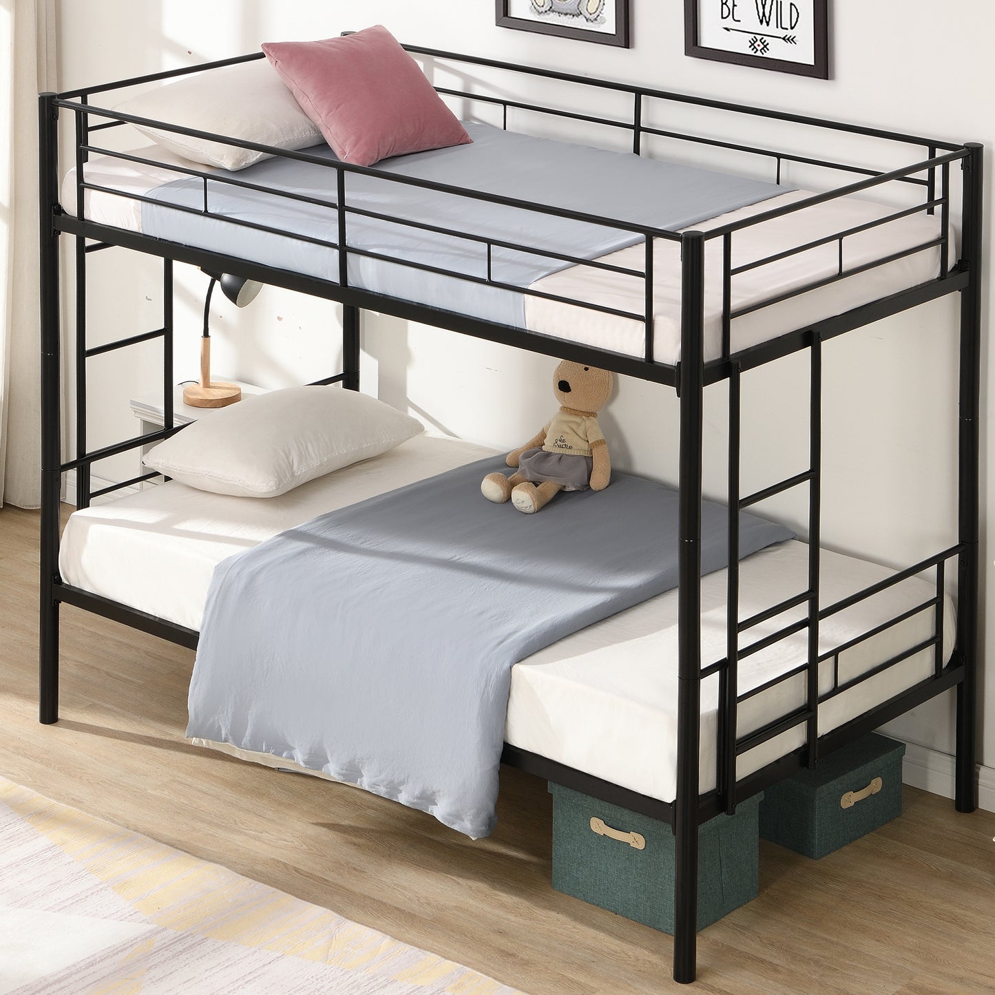 Convertible Twin Over Twin Metal Bunk Bed with 2 Ladders, Guardrail, and Storage Space in Black