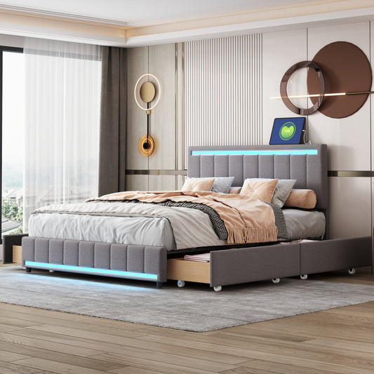 Queen Size Upholstered Bed with LED Light and 4 Drawers,  Modern Platform Bed with a set of Sockets and USB Ports, Linen Fabric, Beige