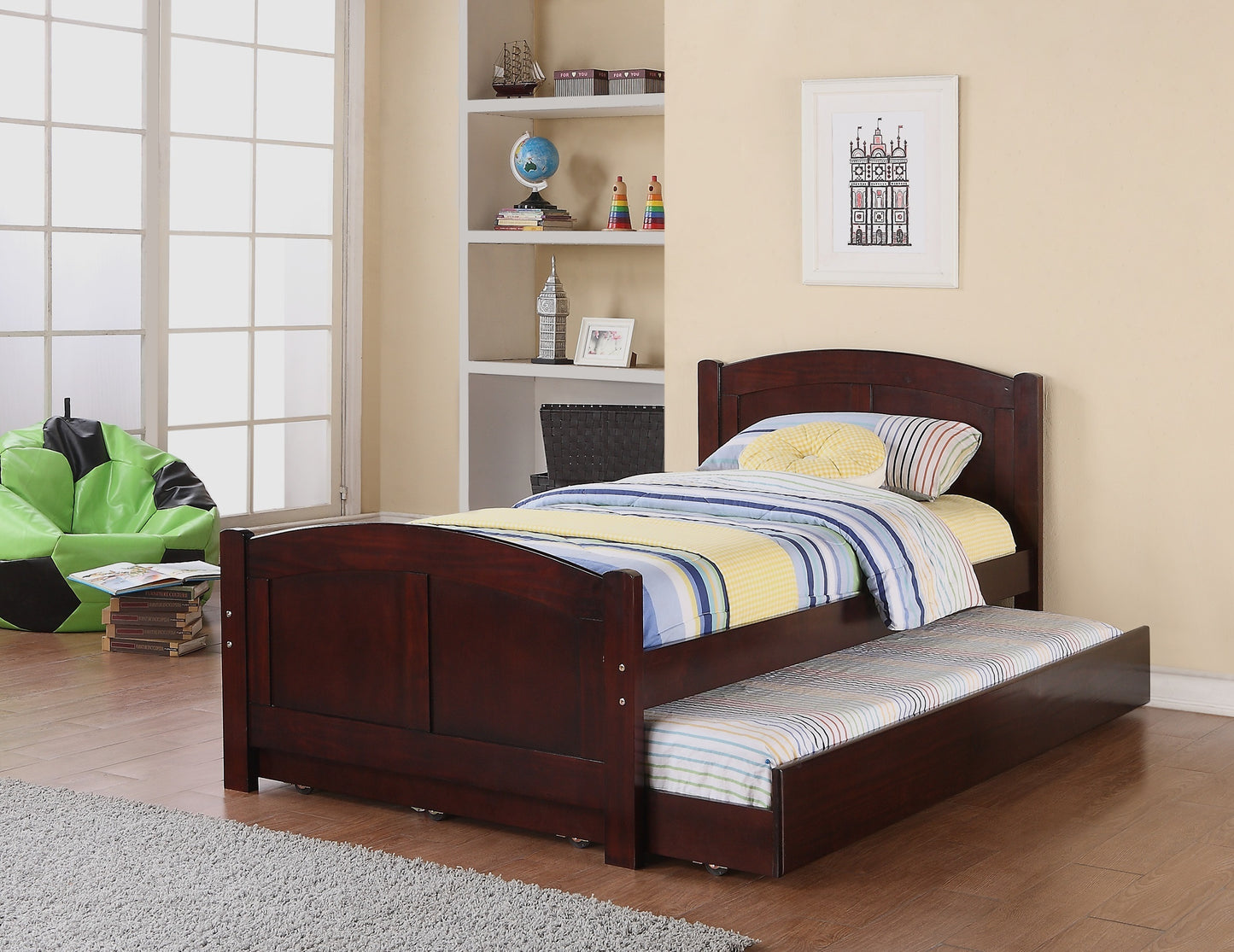 Twin Size Bed w/ Trundle Slats Dark Cherry Pine Plywood Kids Youth Bedroom Furniture