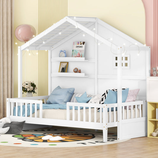 Twin Size House Bed with Shelves, House Bed with Window and  Sparkling Light Strip on the Roof, White