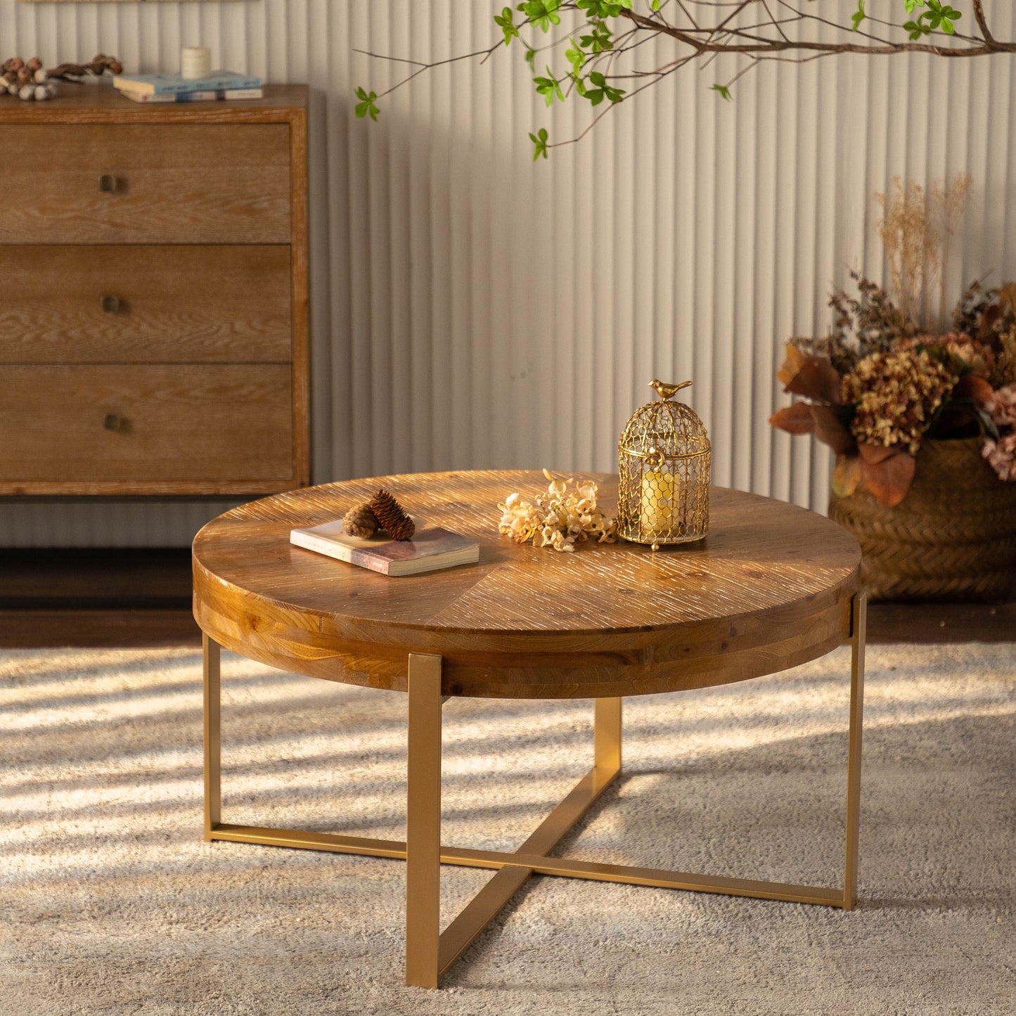 Modern Retro Splicing Round Coffee Table with Gold Cross Legs Base