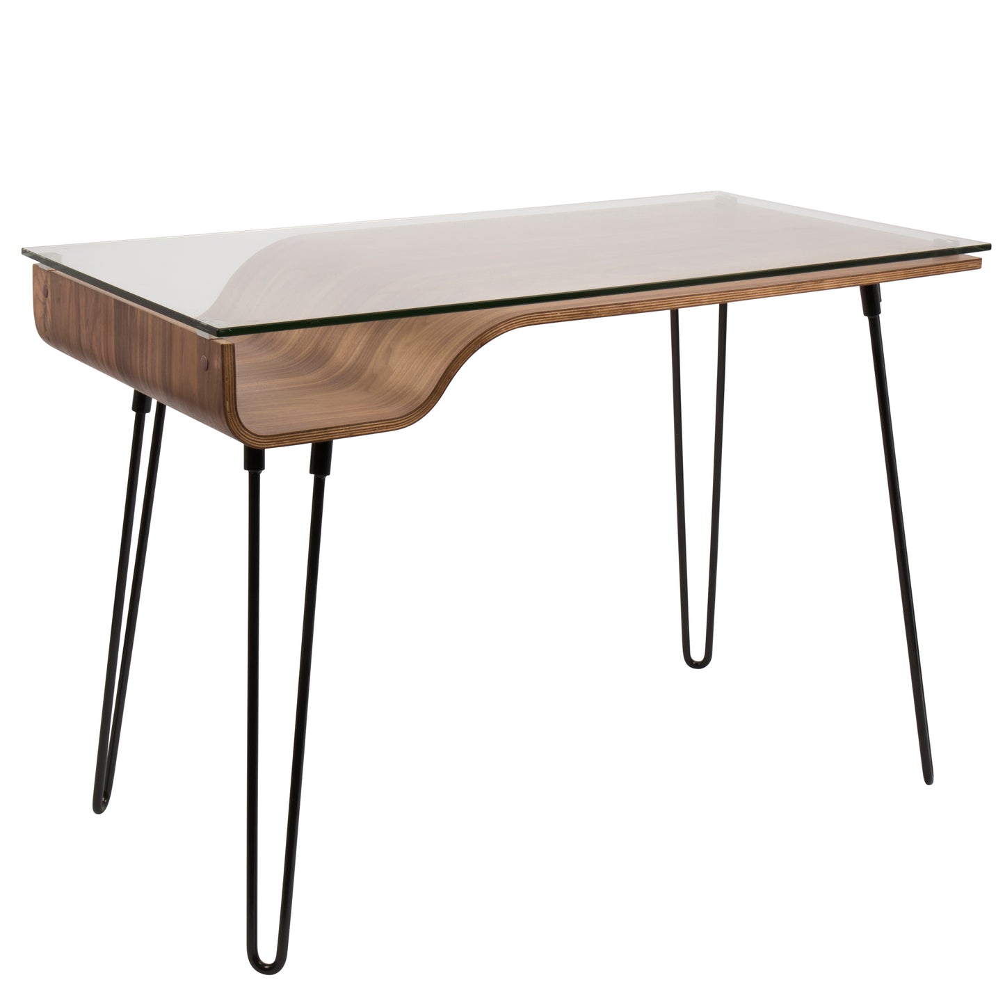 Avery Mid-Century Modern Walnut Desk with Glass Top and Black Metal Legs