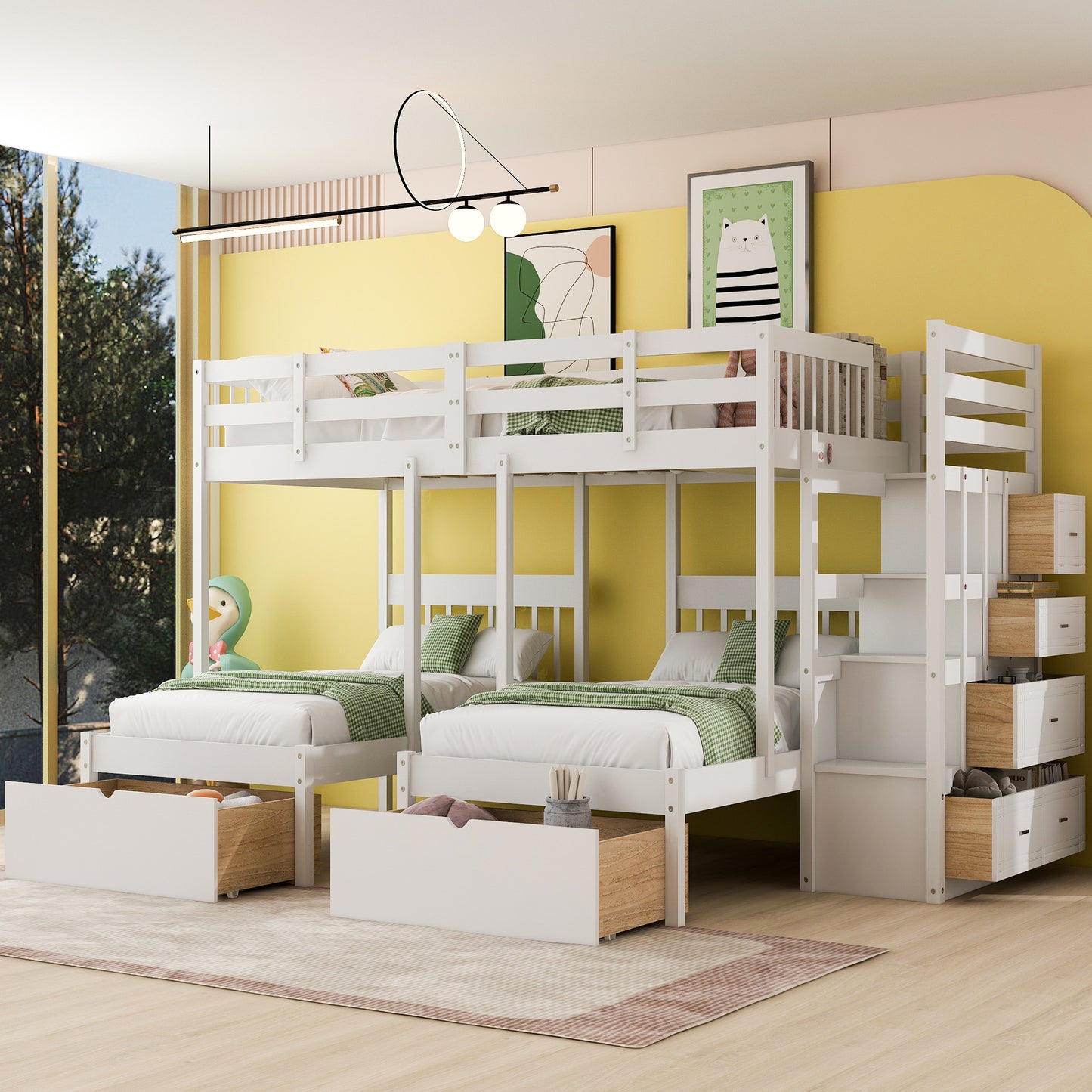 Three-Level Wooden Bunk Bed with Drawers, Full Over Twin & Twin Bunk Bed with Guardrails (White)