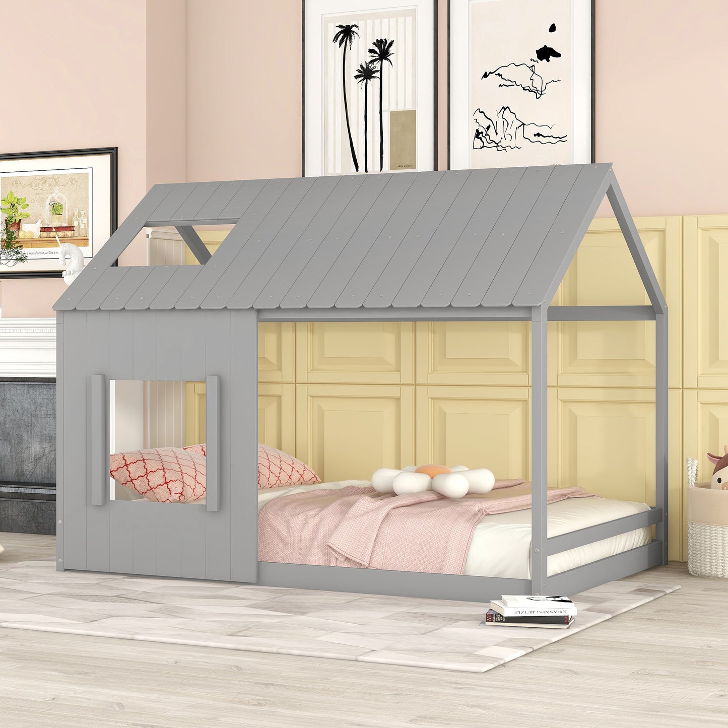 Full Size House Bed with Roof and Window - Gray