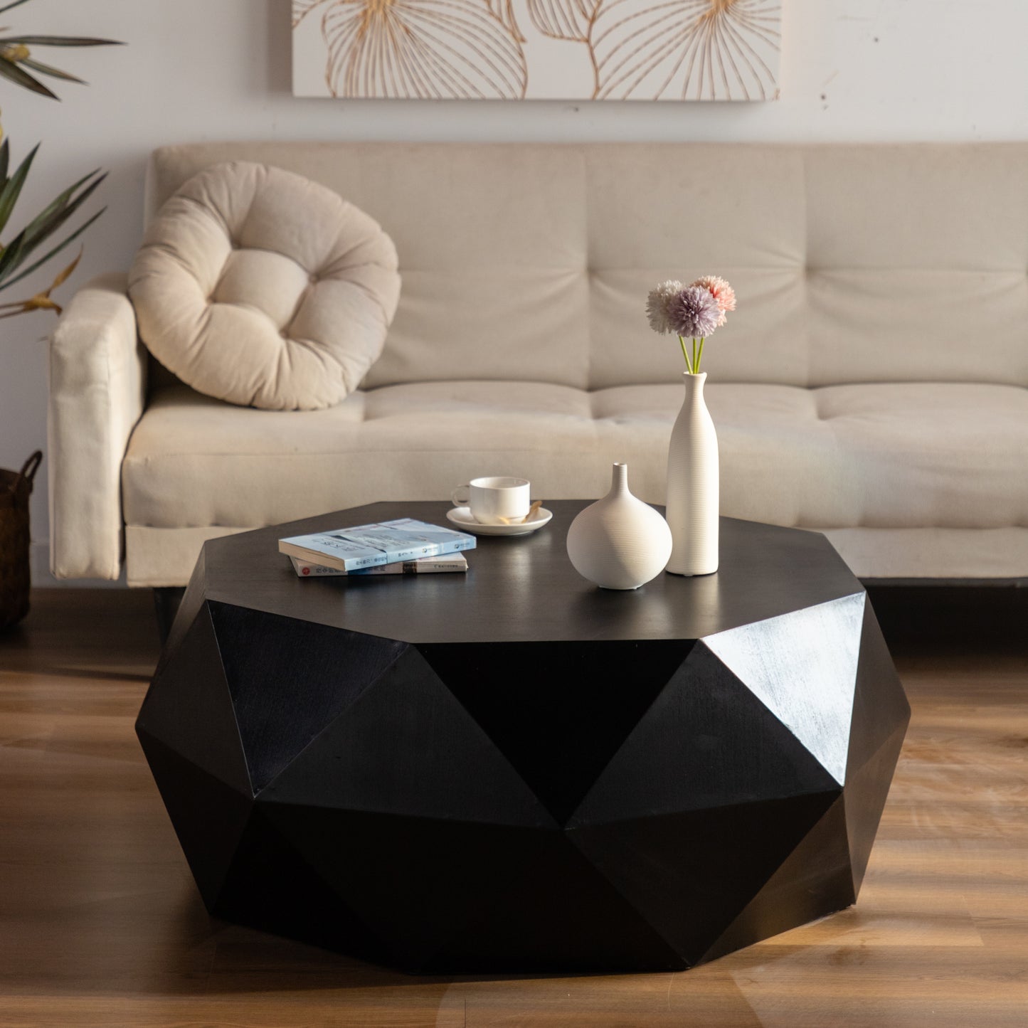 Vintage American Retro Style 3D Embossed Black Coffee Table with Fir Wood Texture