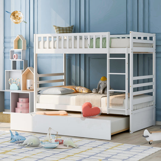 Kids Solid Hardwood Twin Bunk Bed Set with Trundle Bed and Safety Features