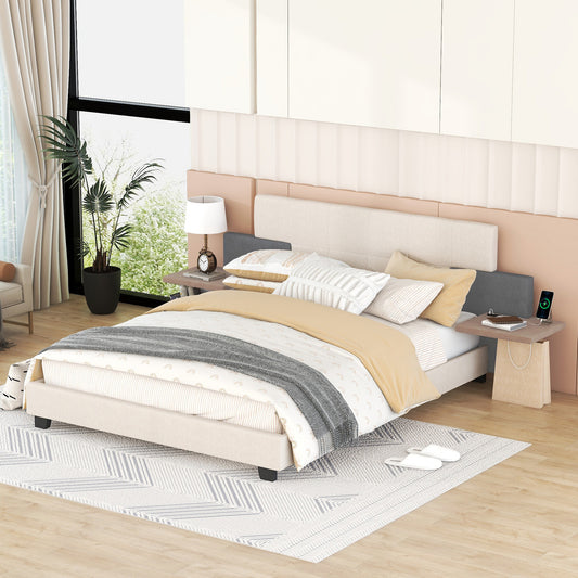 Queen Size Upholstered Platform Bed with Bedside Shelves and USB Charging Design, Beige+Gray