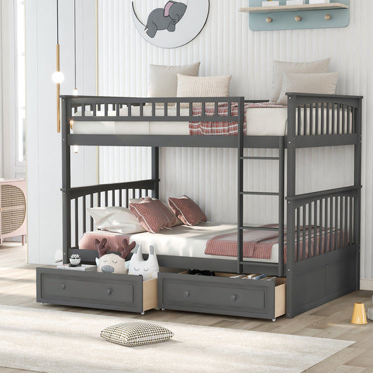 Gray Full over Full Bunk Bed with Drawers and Convertible Design