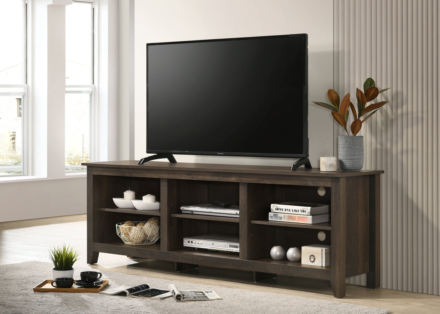 Benito Dark Dusty Brown 70 Wide TV Stand with Open Shelves and Cable Organization