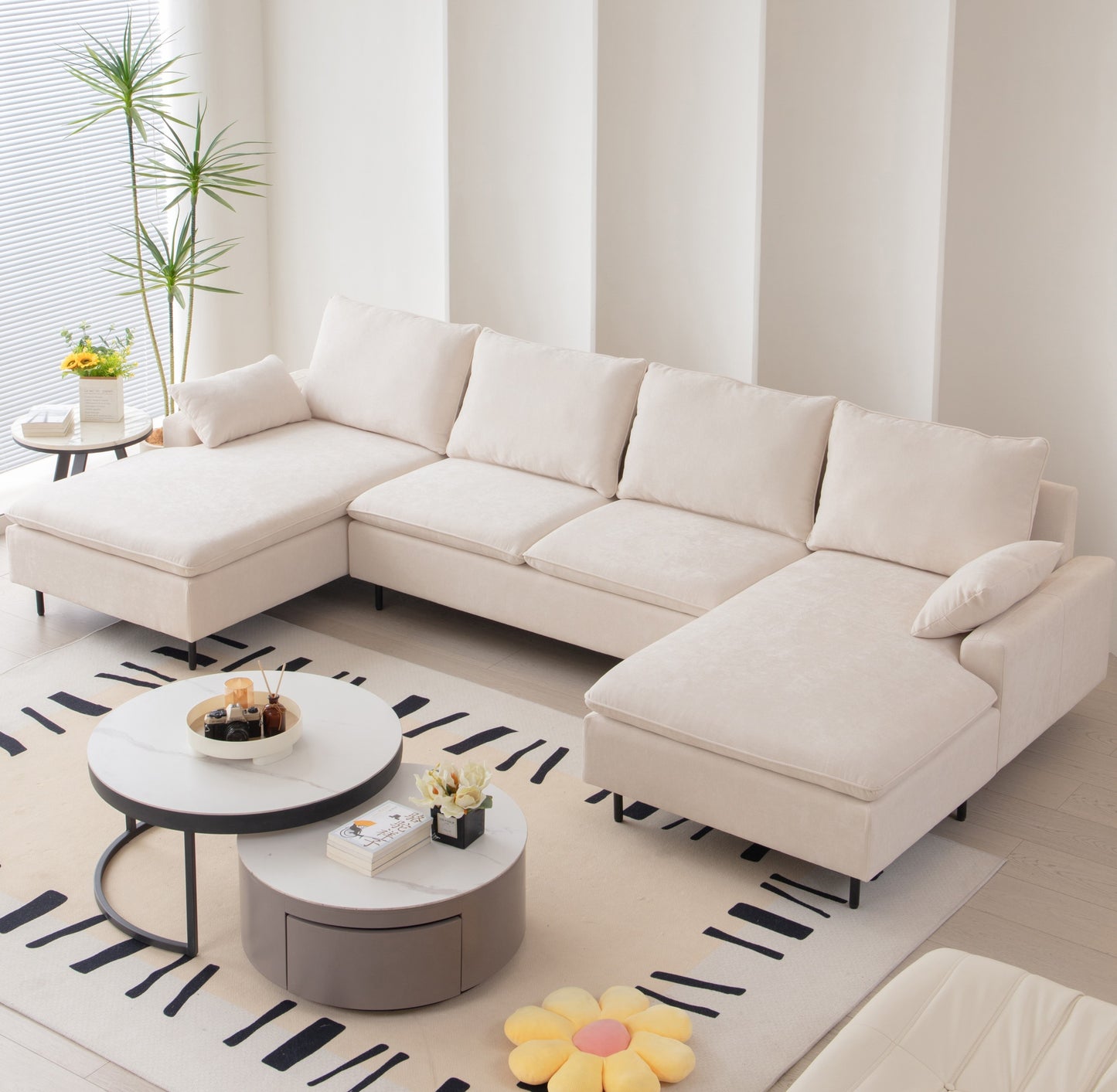 U-Shaped linen sectional sofa with double chaises,Beige