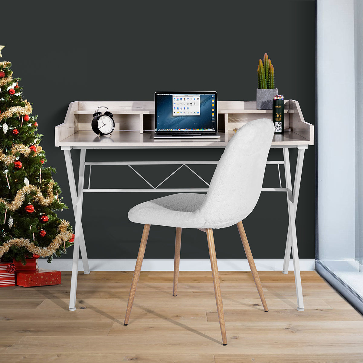 43.3 Inch Multi-Functional Mid Century Computer Desk with Storage - Beige & White