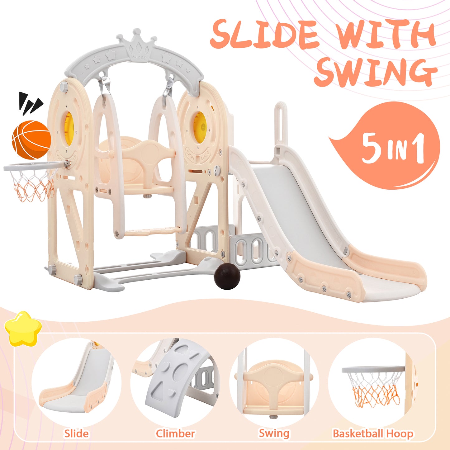 Toddler Slide and Swing Set 5 in 1, Kids Playground Climber Slide Playset with Basketball Hoop Freestanding Combination for Babies Indoor & Outdoor