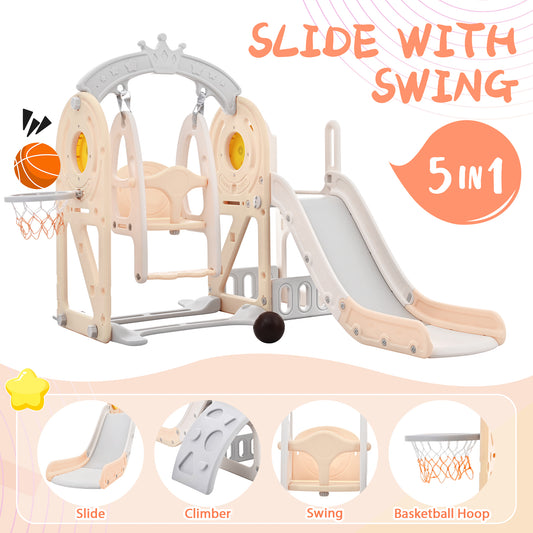 Toddler Slide and Swing Set 5 in 1, Kids Playground Climber Slide Playset with Basketball Hoop Freestanding Combination for Babies Indoor & Outdoor