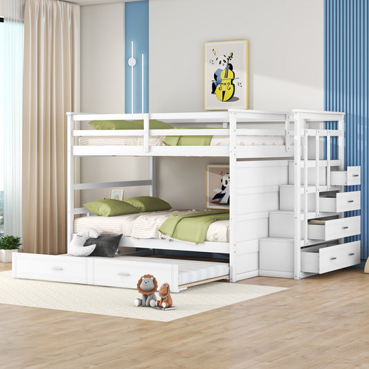 White Full-Over-Full Bunk Bed with Staircase and Trundle