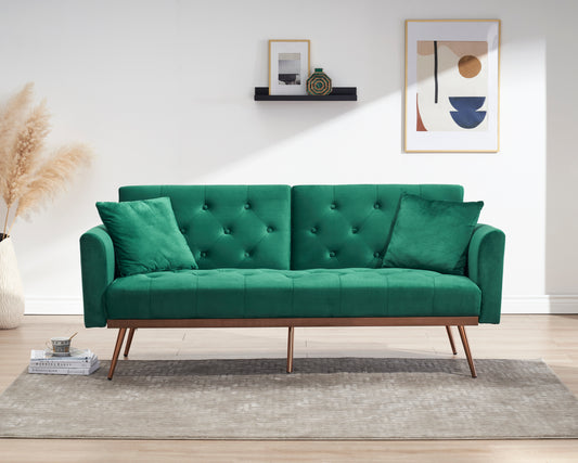 Elegant Green Velvet Sofa Bed with Throw Pillow and Midfoot