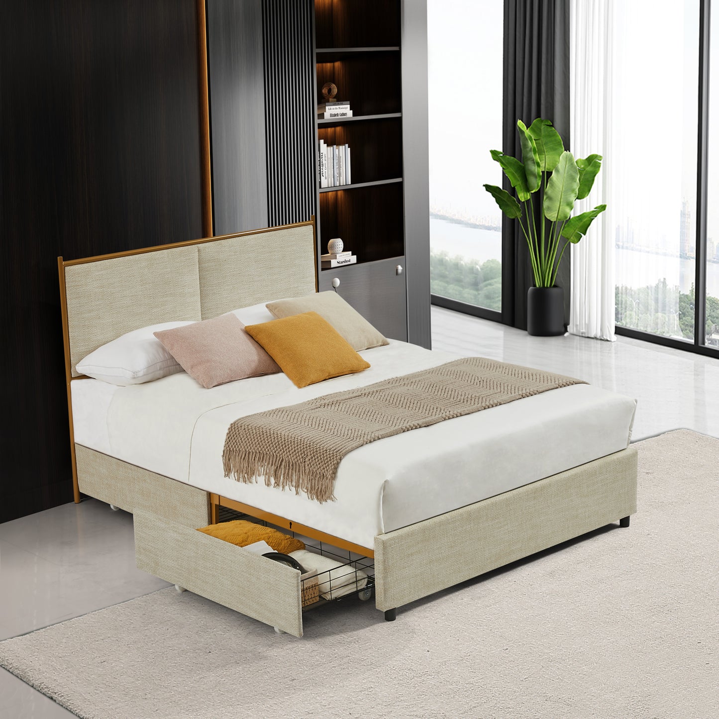 Classic steamed bread shaped backrest, metal frame, solid wood ribs, with four storage drawers, sponge soft bag, comfortable and elegant atmosphere, light Camel, full-size storage bed