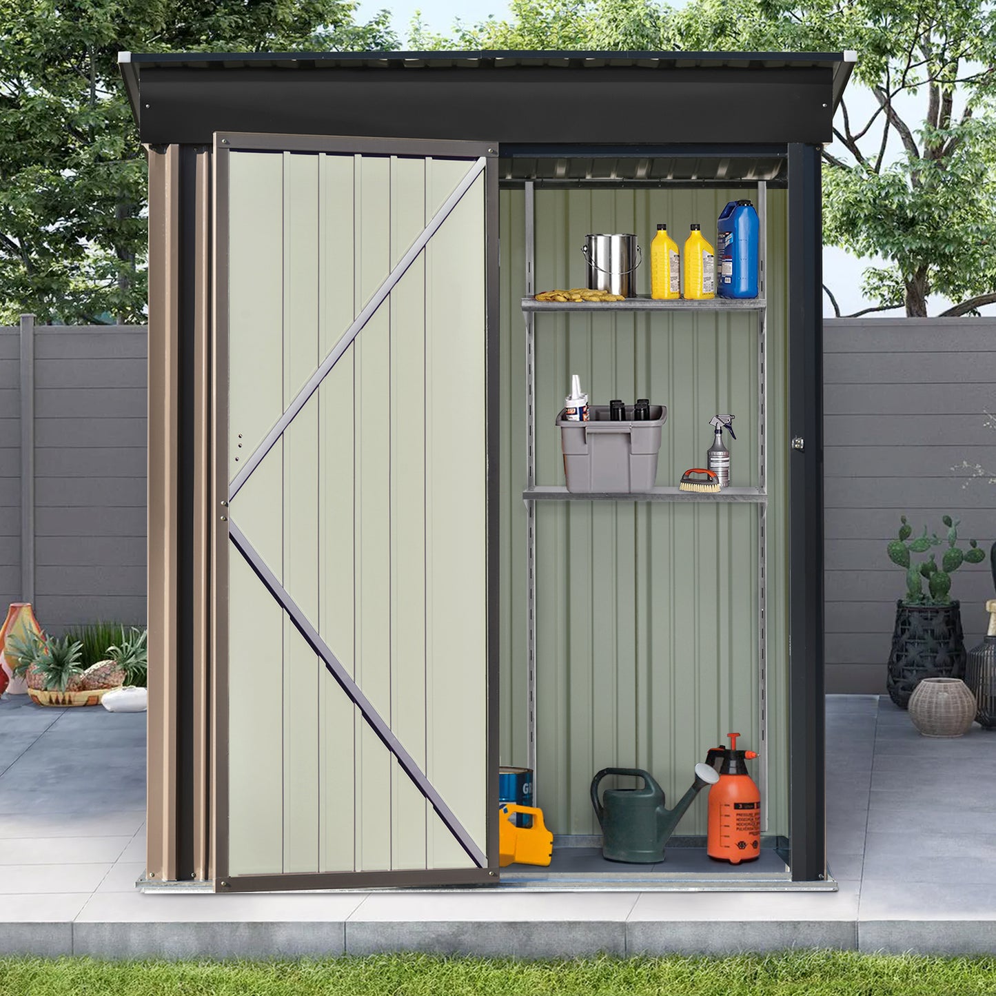 Patio 5ft Wx3ft. L Garden Shed, Metal Lean-to Storage Shed with Adjustable Shelf and Lockable Door, Tool Cabinet for Backyard, Lawn, Garden, Brown