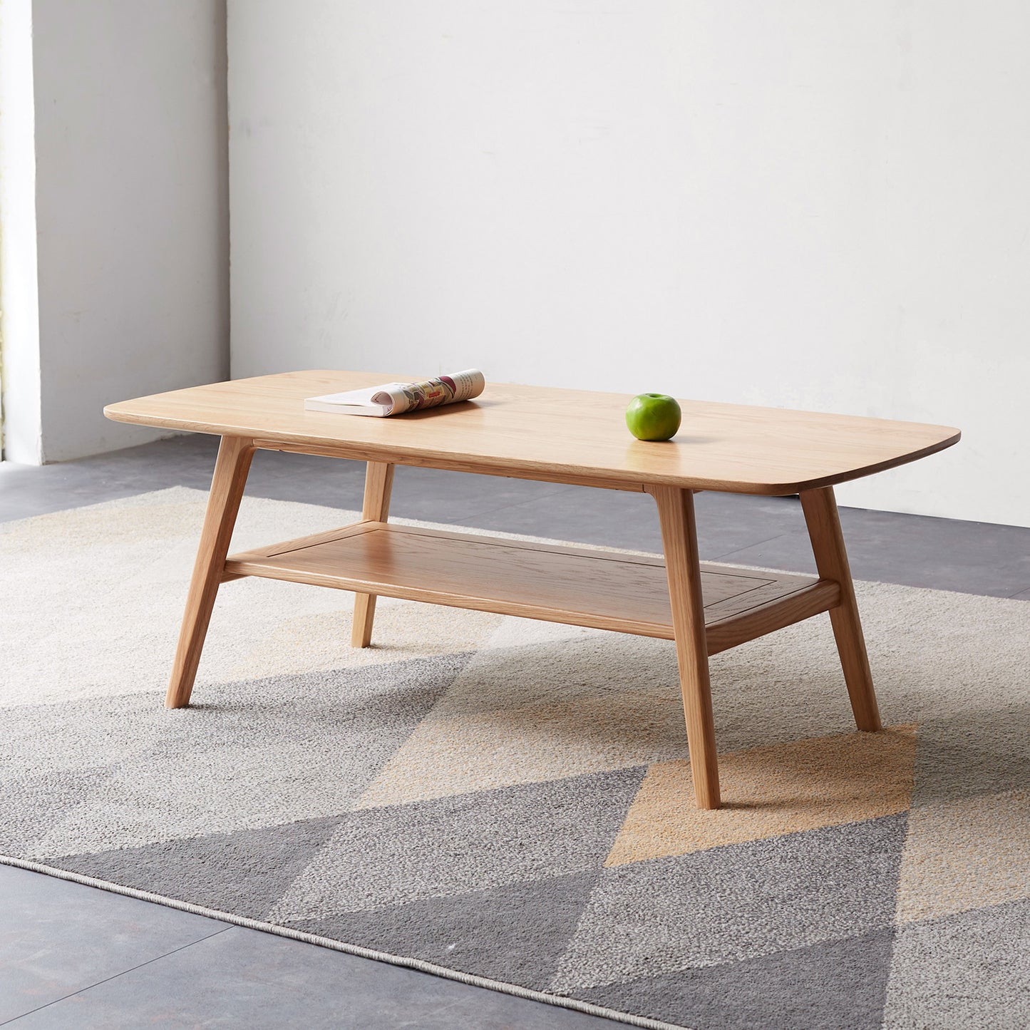 Natural Oak Wood Two-Tier Coffee Table with Dual-Layer Storage Shelf