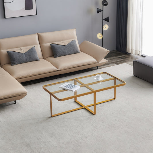Sleek Rectangle Coffee Table with Golden Metal Frame and Tempered Glass Tabletop