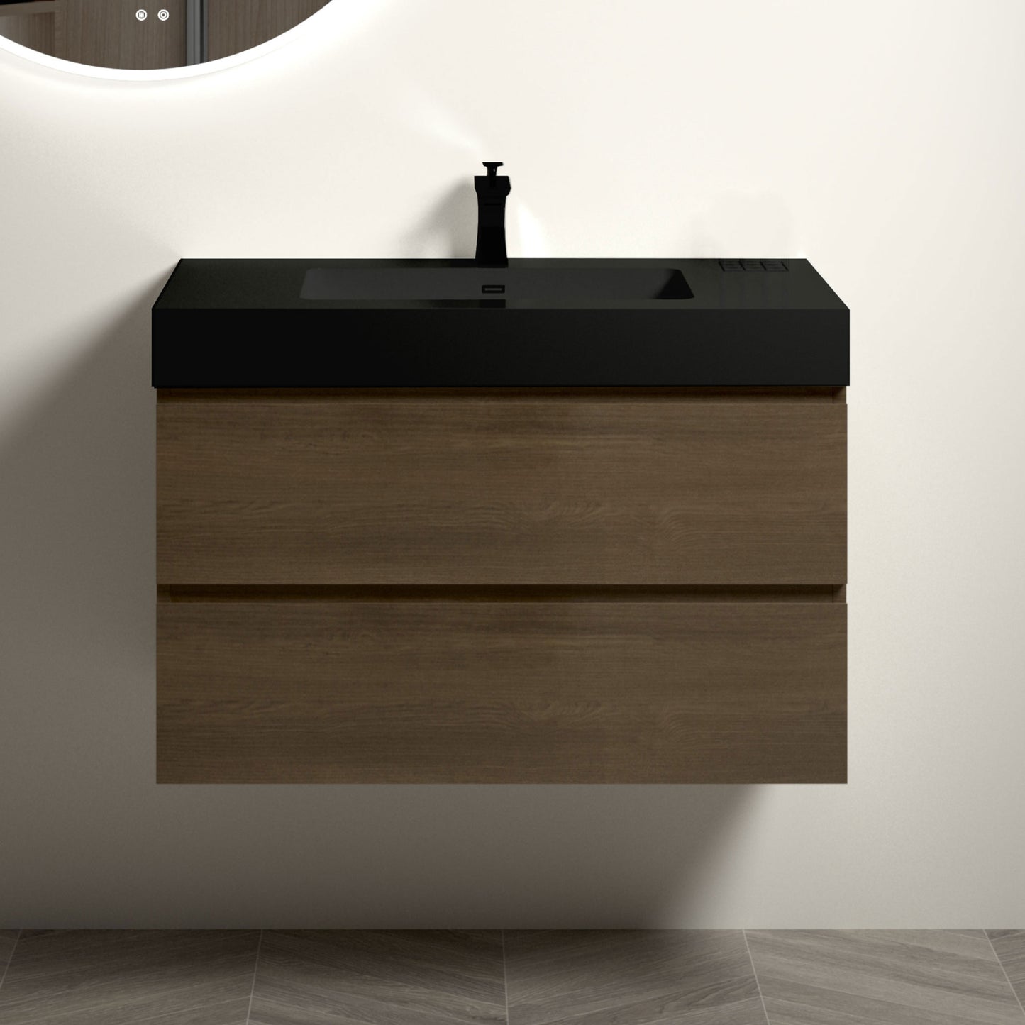 U045-Alice36-111 Alice 36" Dark Oak Bathroom Vanity with Black Sink, Large Storage Wall Mounted Floating Bathroom Vanity for Modern Bathroom, One-Piece Black Sink Basin without Drain and Faucet