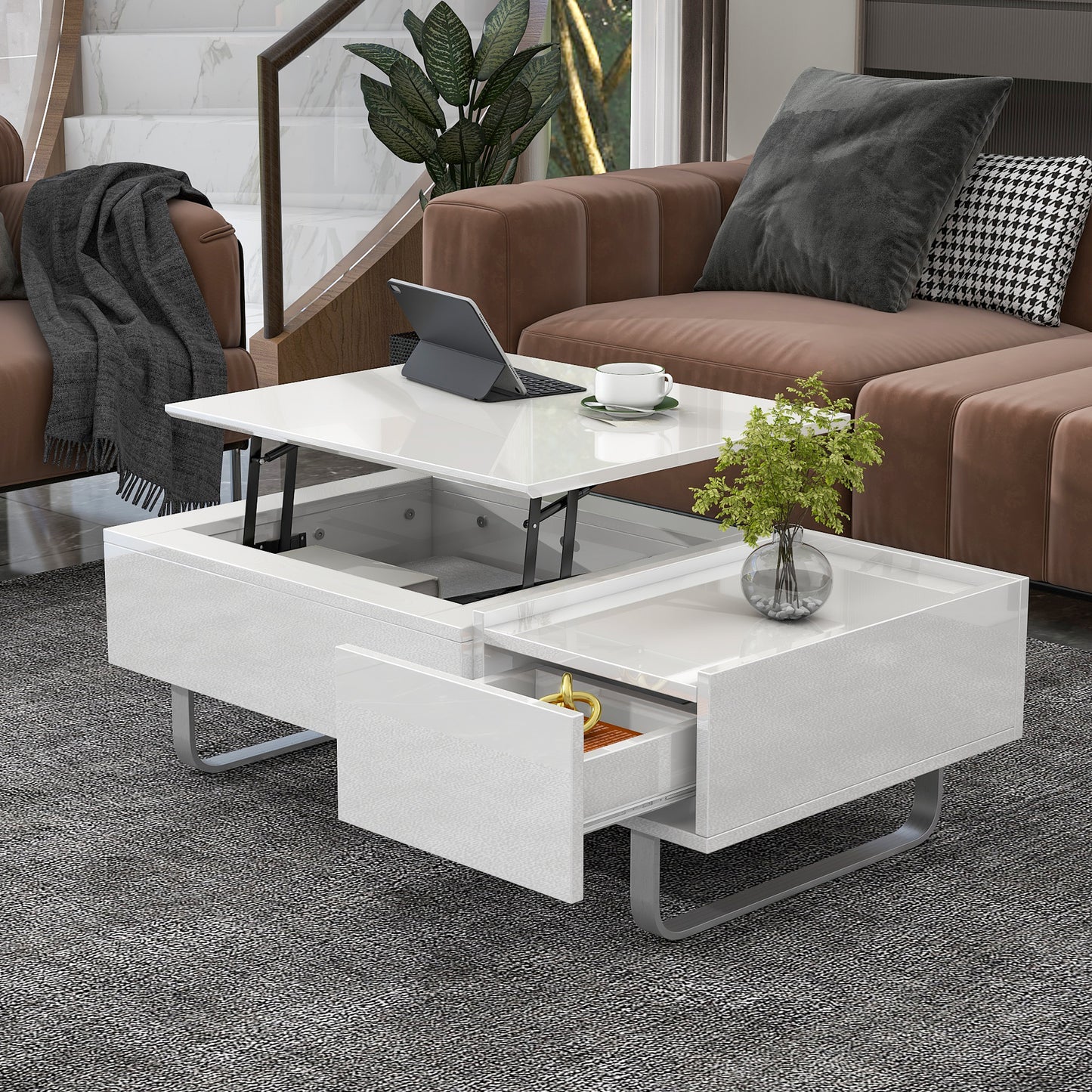 Contemporary White Lift-Top Coffee Table with Hidden Storage