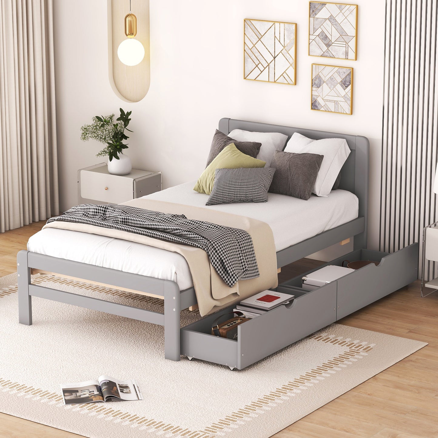 Modern Design Twin Size Platform Bed Frame with 2 Drawers for Grey Color