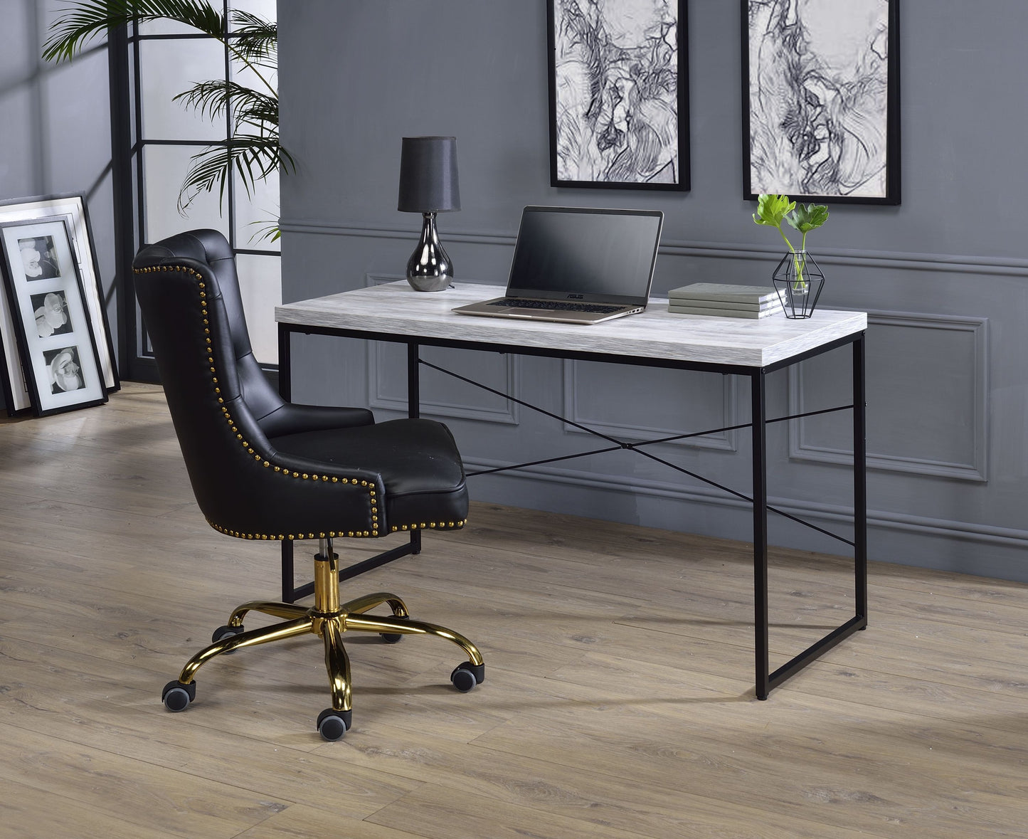 Jurgen Antique White and Black Industrial Desk with Faux Concrete Top