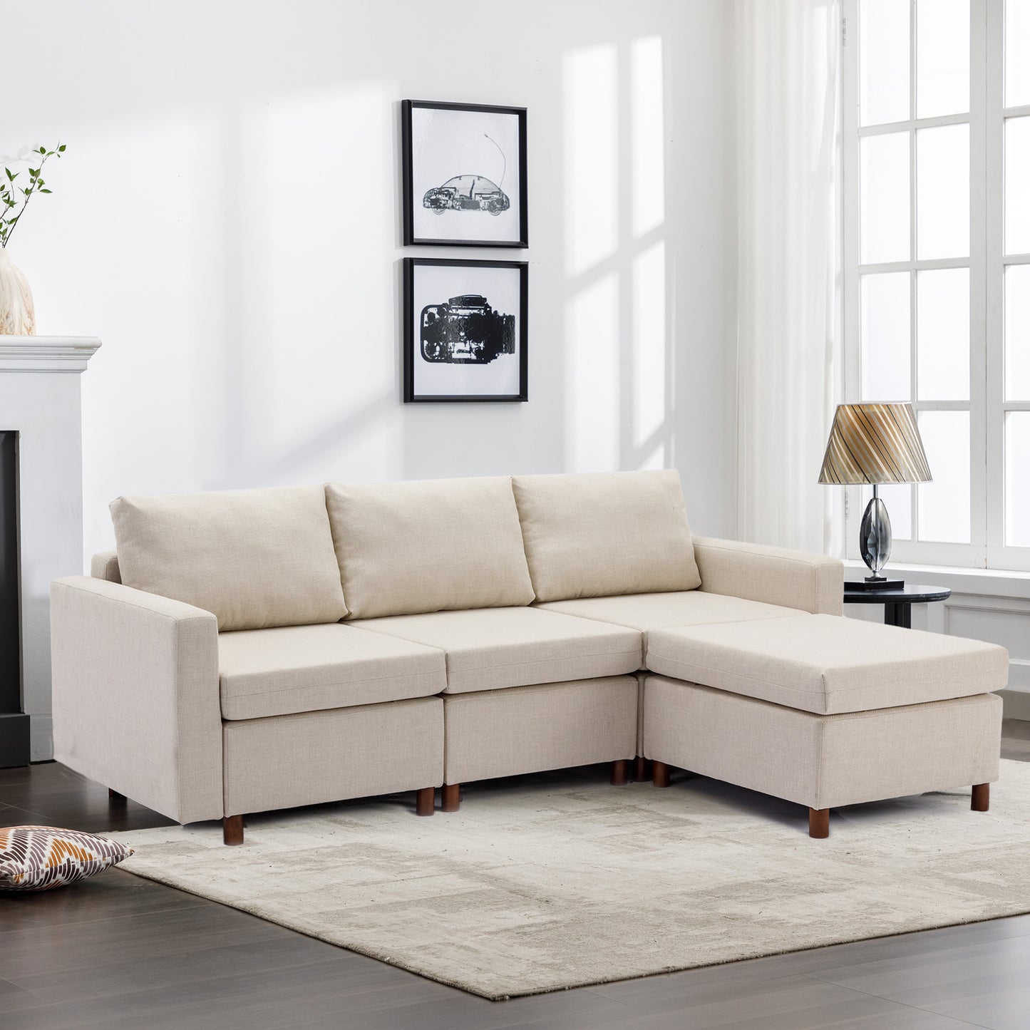 Cream 3-Seat Sectional Sofa Couch with Ottoman, High Quality Linen Cover, Sturdy Wood Frame