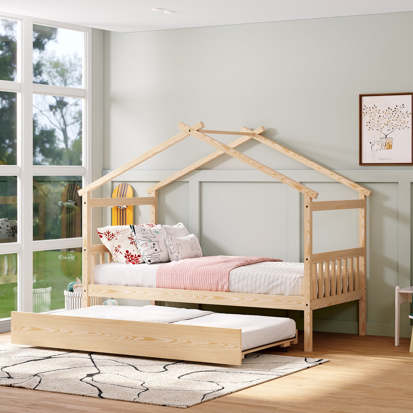 Twin Size Wooden House Bed with Twin Size Trundle, Natural