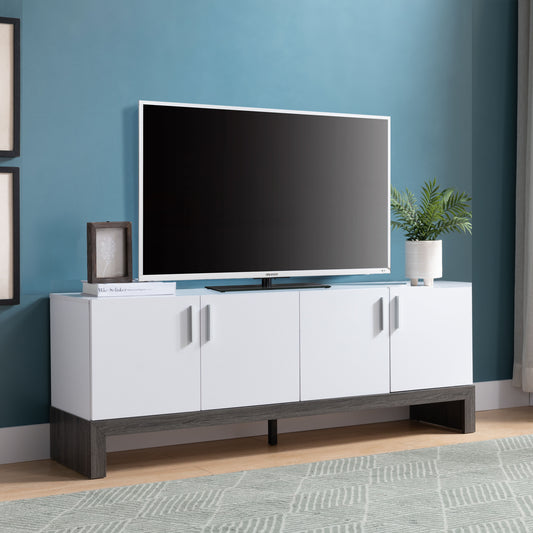 White and Distressed Grey TV Stand with Four Cabinet Doors