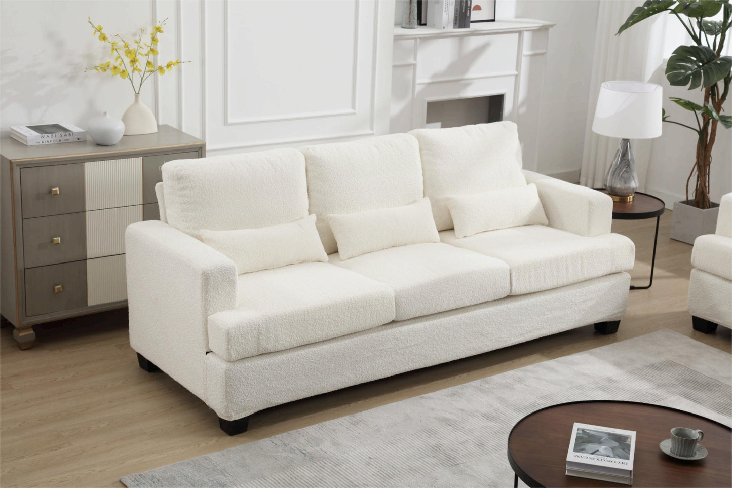 Elegant 3-Seater Modern White & Gray Sofa with Square Armrests and Removable Cushions