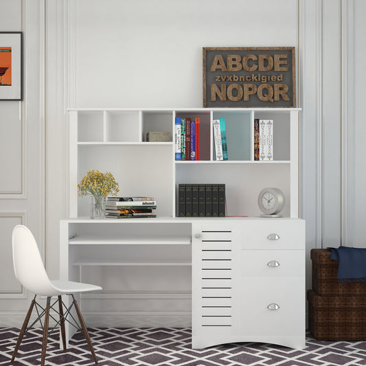 White Antique Home Office Desk with Hutch and Generous Storage Area