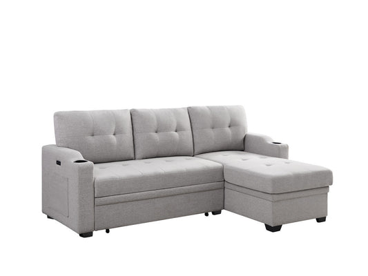 Mabel Light Grey Linen Fabric Sleeper Sectional with Cupholder, USB Charging Port, and Pocket for Modern Comfort.