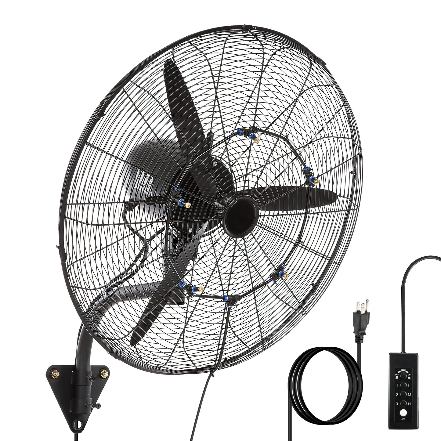 24 Inch Misting Wall Mount Fan, IP44 Waterproof Outdoor Fan, Powerful Cooling and Refreshing Mist, Adjustable Speeds, 180 Degree Oscillation,Black