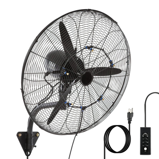 24 Inch Misting Wall Mount Fan, IP44 Waterproof Outdoor Fan, Powerful Cooling and Refreshing Mist, Adjustable Speeds, 180 Degree Oscillation,Black