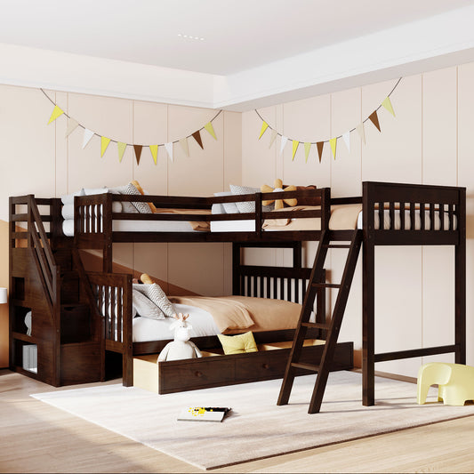 Espresso Twin over Full Bunk Bed with 3 Storage Drawers, Ladder, and Staircase