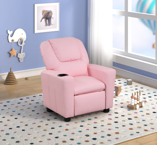 Marisa Kids Pink PU Leather Recliner Chair with Built-In Cupholder