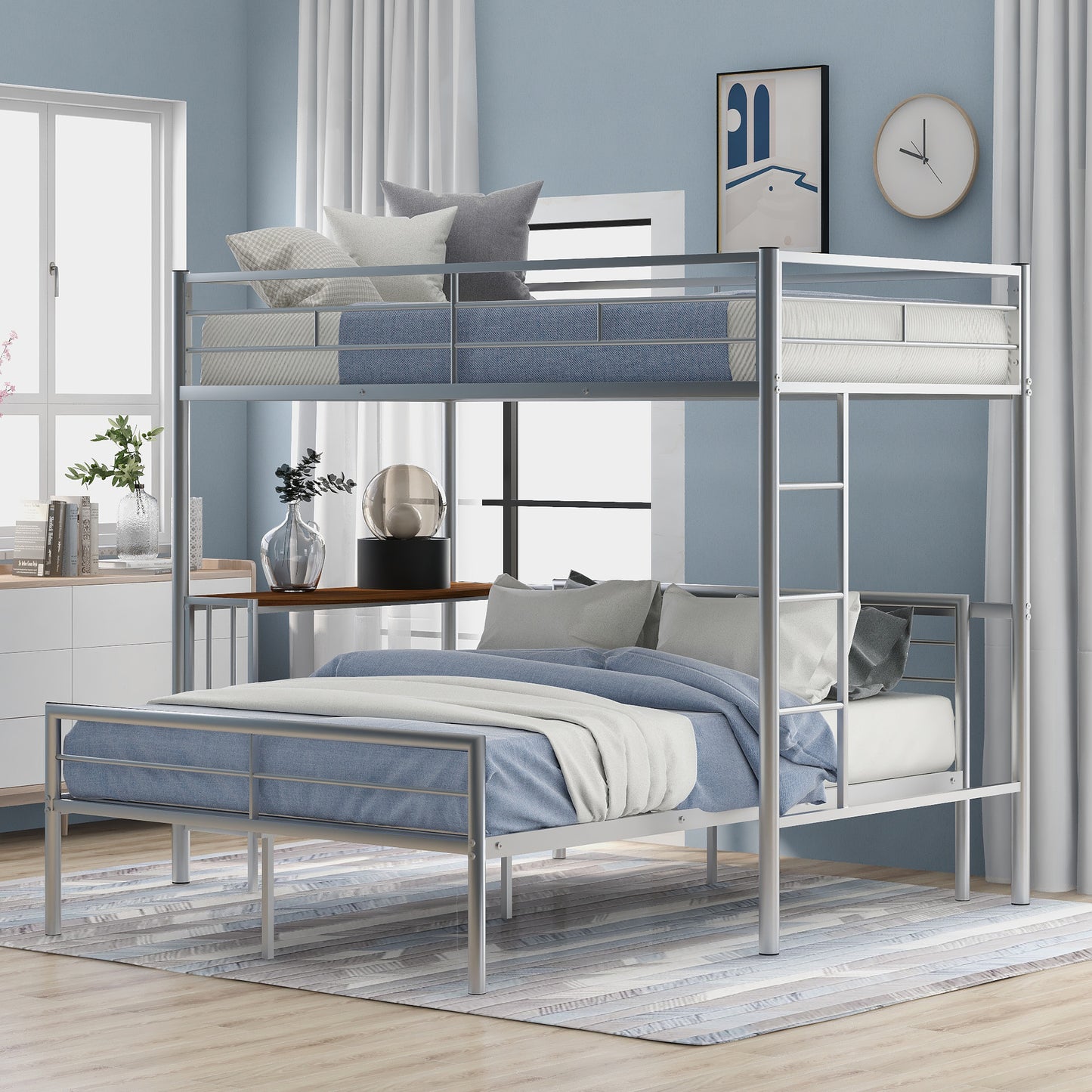 Silver Metal Twin Over Full Loft Bed with Integrated Desk and Ladder