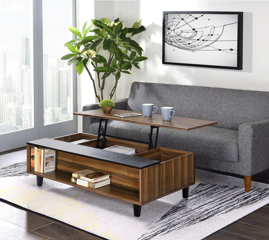 Walnut & Black Lift-Top Coffee Table with Storage Compartments