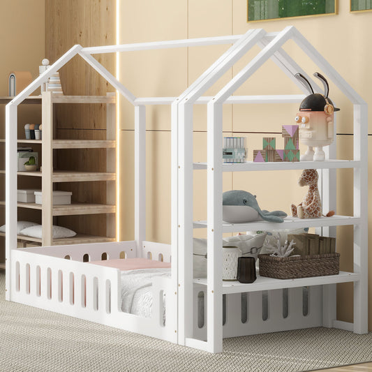 Twin Size Wood House Bed with Fence and Detachable Storage Shelves, White(Expected Arrival Time: 1.7)