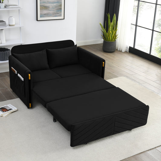 MH 54" Modern Convertible Sofa Bed with 2 Detachable Arm Pockets, Velvet Loveseat Sofa with Pull Out Bed, 2 Pillows and Living Room Adjustable Backrest, Grid Design Armrests, Black