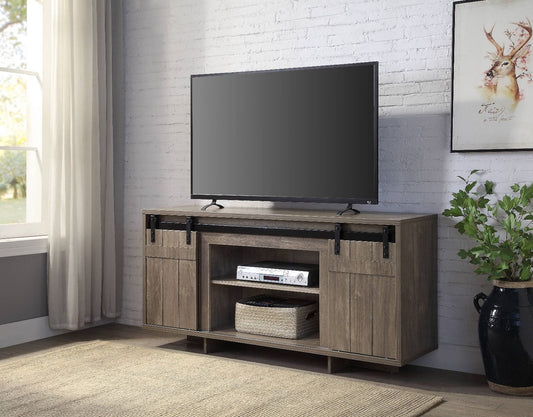 Bellarosa Gray Washed TV Stand with Sliding Barn Doors and Storage Compartments