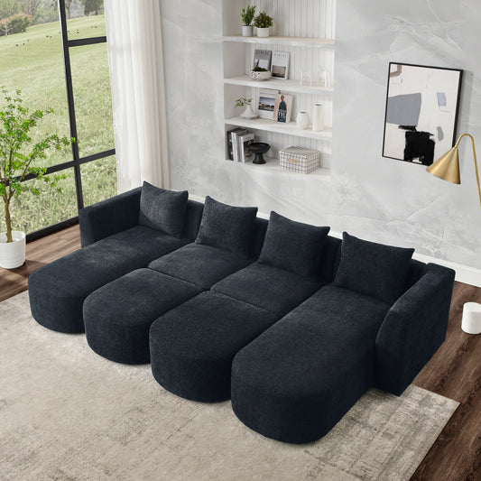 U Shape Sectional Sofa including Two Single Seat, Two Chaises and Two Ottomans, Modular Sofa, DIY Combination, Loop Yarn Fabric, Black