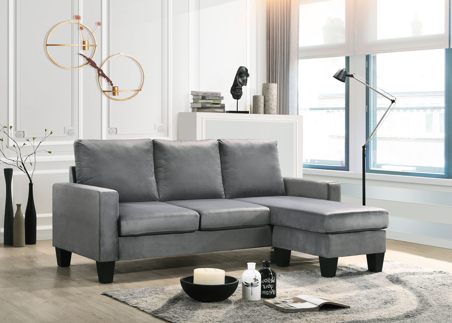 Gray Velvet Sofa Chaise with Reversible Design and High-Density Support