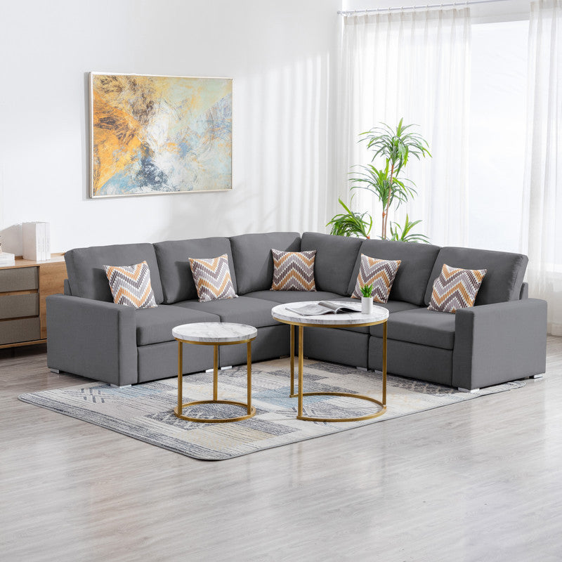 Nolan Gray Linen Fabric 5-Piece Reversible Sectional Sofa Set with Pillows and Interchangeable Legs