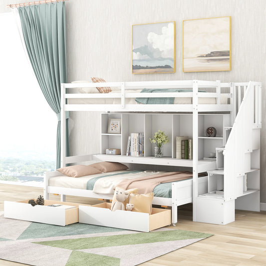 Double Loft Bed with Storage Shelves, Drawers, and Staircase