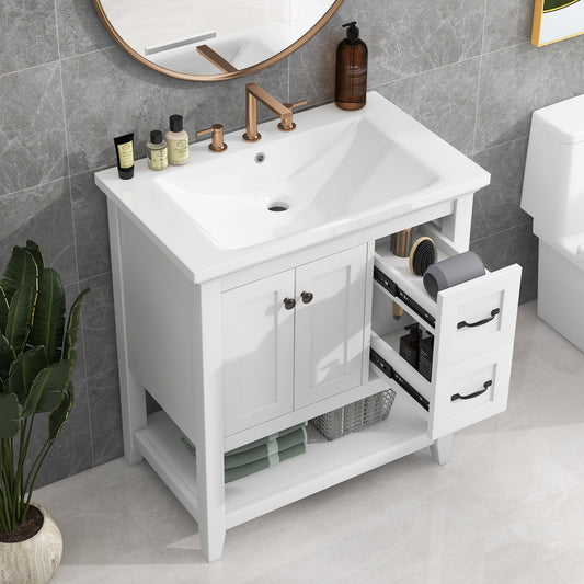 30" Bathroom Vanity with Ceramic Sink Top, Vanity Cabinet with Multi-Functional Drawer, Solid Wood Legs, White