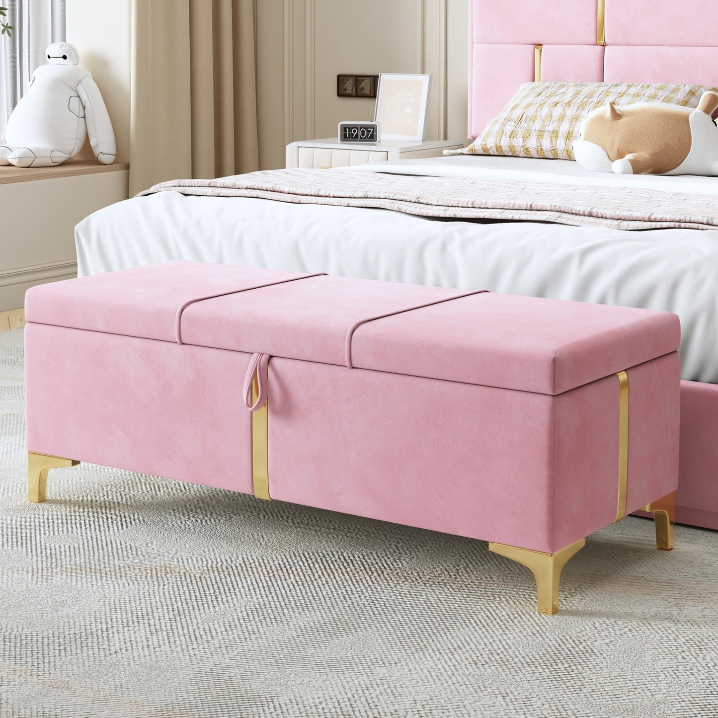 Elegant Upholstered Storage Ottoman,Storage Bench with Metal Legs for Bedroom,Living Room,Fully Assembled Except Legs,Pink